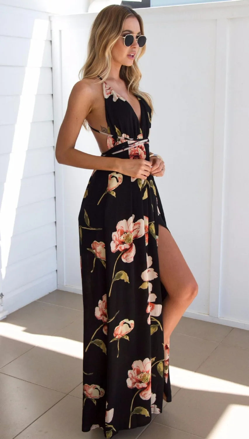 Summer Floral Sexy Pleated Backless Robe Evenning- Midi Dresses