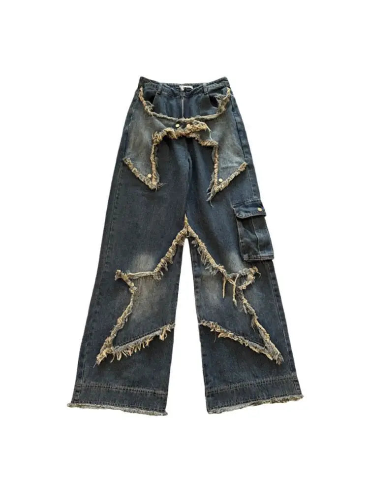 New Star Patchwork Fashion Slim High Waist Punk Hip Hop Loose Jeans