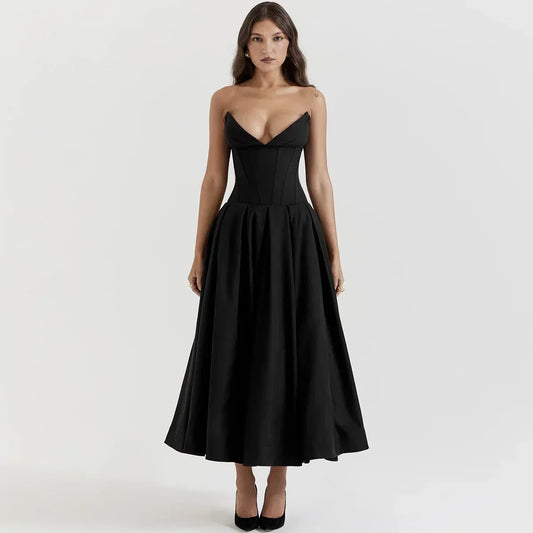 Suninheart Black Elegant Sexy Strapless Corset Midi Dresses