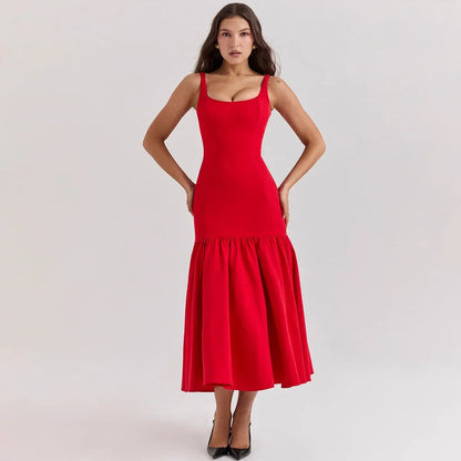 Red Spaghetti Strap Midi Holiday Dress - Casual Birthday & Christmas Party Dress