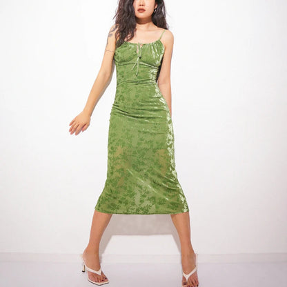 Green Velvet Burnt Flower Backless Boho Christmas Party Dress