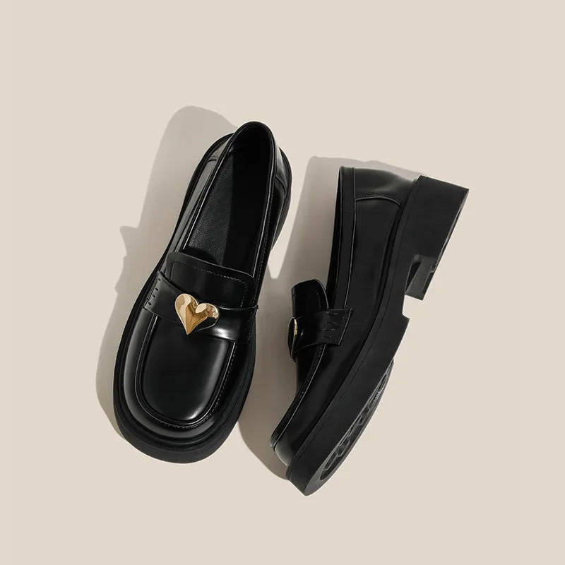 Retro British Style Chunky Heel Slip On Leather Round Toe Platform Flats Loafers Main image
