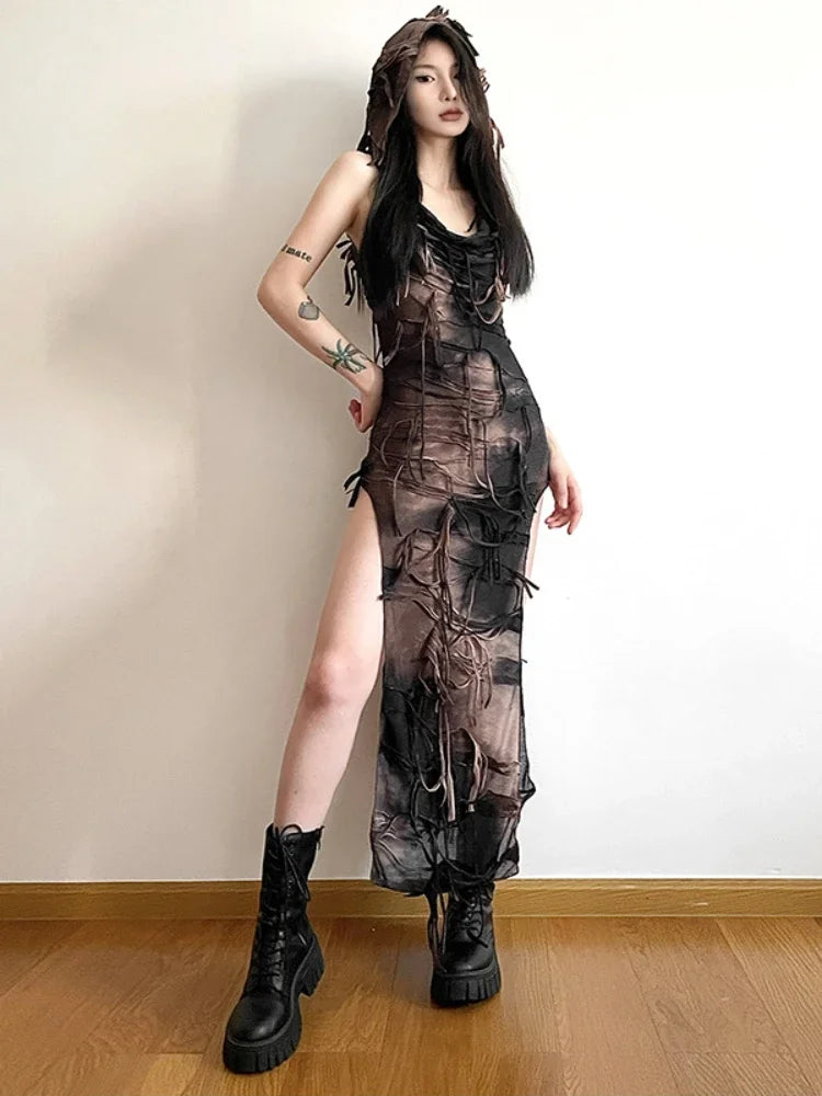 Tassel Vintage Gothic Hooded Midi Dress Fairy Grunge Y2K  High Split Sleeveless Tie Dye Dress Main image