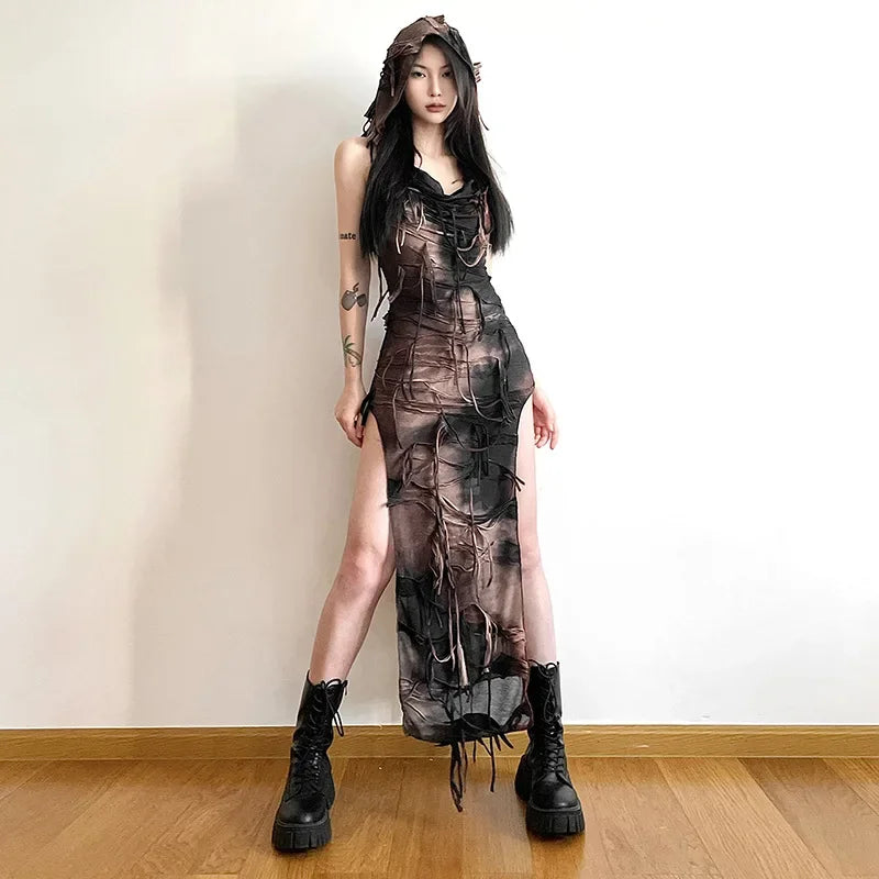 Tassel Vintage Gothic Hooded Midi Dress Fairy Grunge Y2K  High Split Sleeveless Tie Dye Dress Secondary image