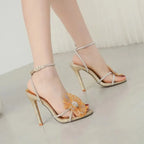 Temperament rhinestone embroidered flower  peep toe ankle strap wedding High Heel