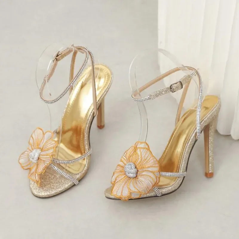 Temperament rhinestone embroidered flower sexy peep toe ankle strap wedding High Heel