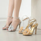 Temperament rhinestone embroidered flower  peep toe ankle strap wedding High Heel