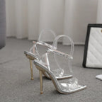 Temperamental  pointed toe narrow band rhinestone buckle strap metal party High Heel