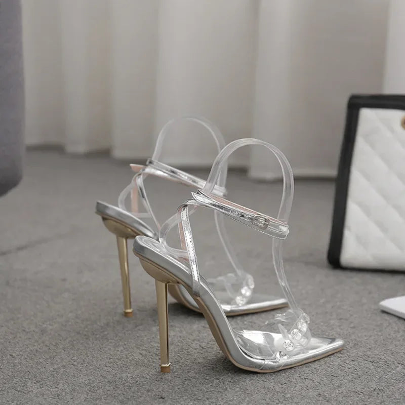 Temperamental  pointed toe narrow band rhinestone buckle strap metal party High Heel