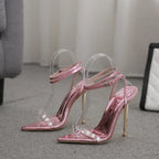 Temperamental  pointed toe narrow band rhinestone buckle strap metal party High Heel