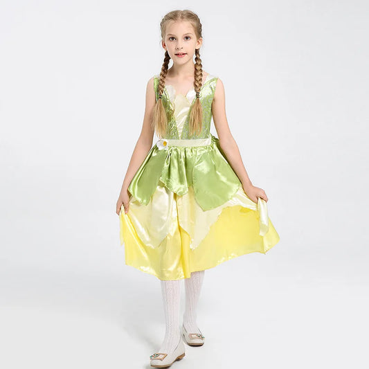 Tiana Dress Up Princess Cosplay Role Playing Party Sleeveless Carnival Halloween Kid Costume