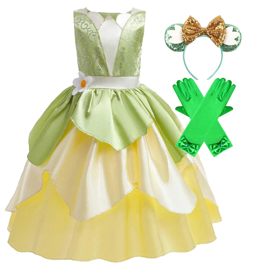 Tiana Dress Up Princess Cosplay Role Playing Party Sleeveless Carnival Halloween Kid Costume