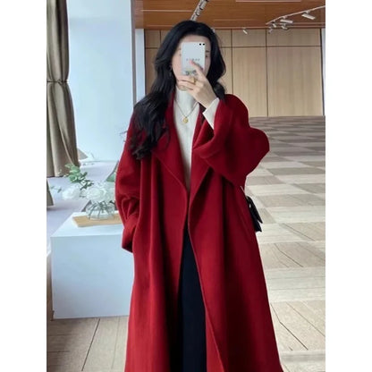 Trendy Red Loose-fit Medium-length Woolen Spring New Thickened Short Coat