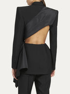 Temperament Black Notched Collar Long Sleeve Spliced Diamonds  Slimming Blazer