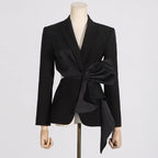 Temperament Black Notched Collar Long Sleeve Spliced Diamonds  Slimming Blazer