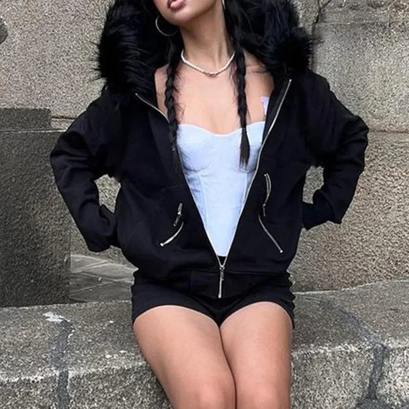 Gothic Graphic Print Rhinestones Zip Up Streetwear Hip Hop Hoodie Main image