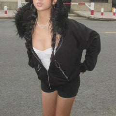 Gothic Graphic Print Rhinestones Zip Up Streetwear Hip Hop Hoodie