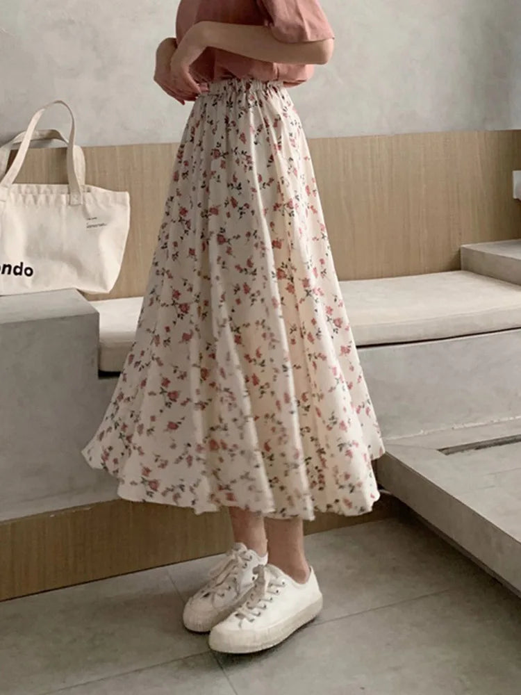 DressBetty - Vintage Floral Print A-line Pleated Streetwear Drawstring Midi Skirt Main image