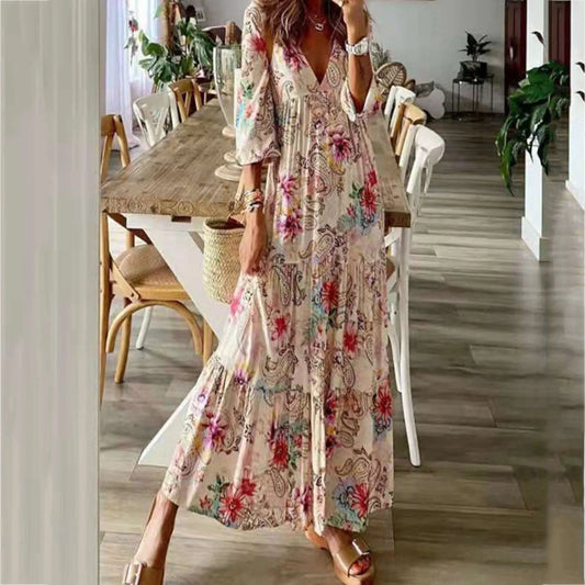 Vintage Floral Bohemian Ruffle Long Sleeve Maxi Deep V Neck Party Vestidos Dress