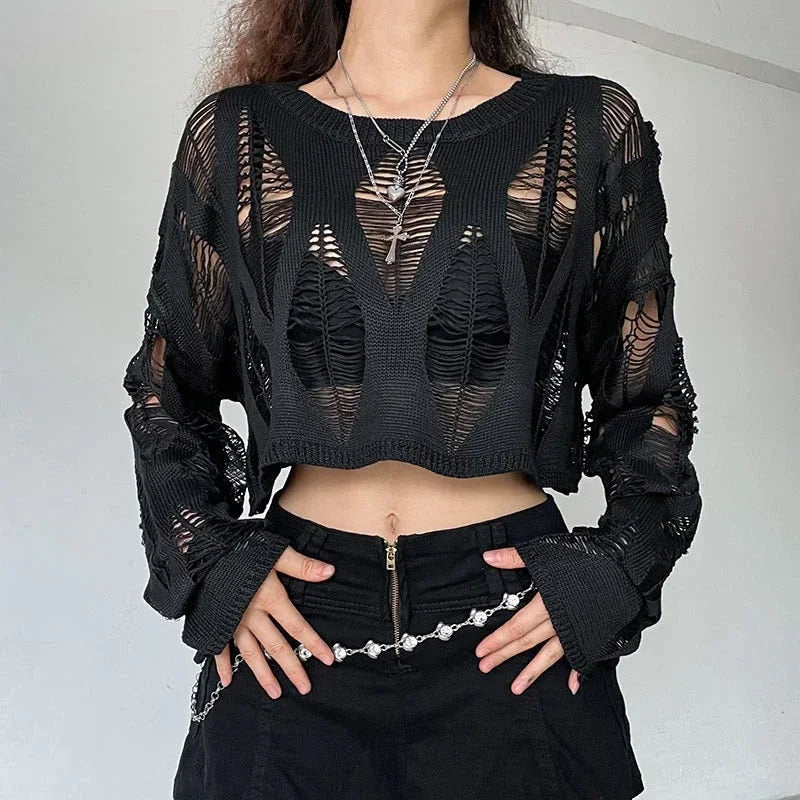 Vintage Hole Ripped Sexy Fashion Cropped Hollow Spring Sweater