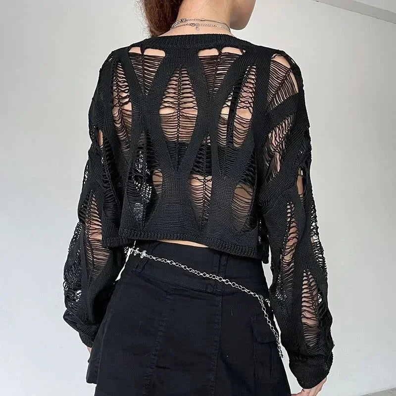 Vintage Hole Ripped  Fashion Cropped Hollow Spring Sweater