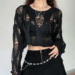 Vintage Hole Ripped  Fashion Cropped Hollow Spring Sweater