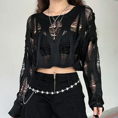 Vintage Hole Ripped  Fashion Cropped Hollow Spring Sweater