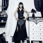 Vintage Print High Waist Mermaid Maxi Gothic Long Gothic Print  High-slit Skirt