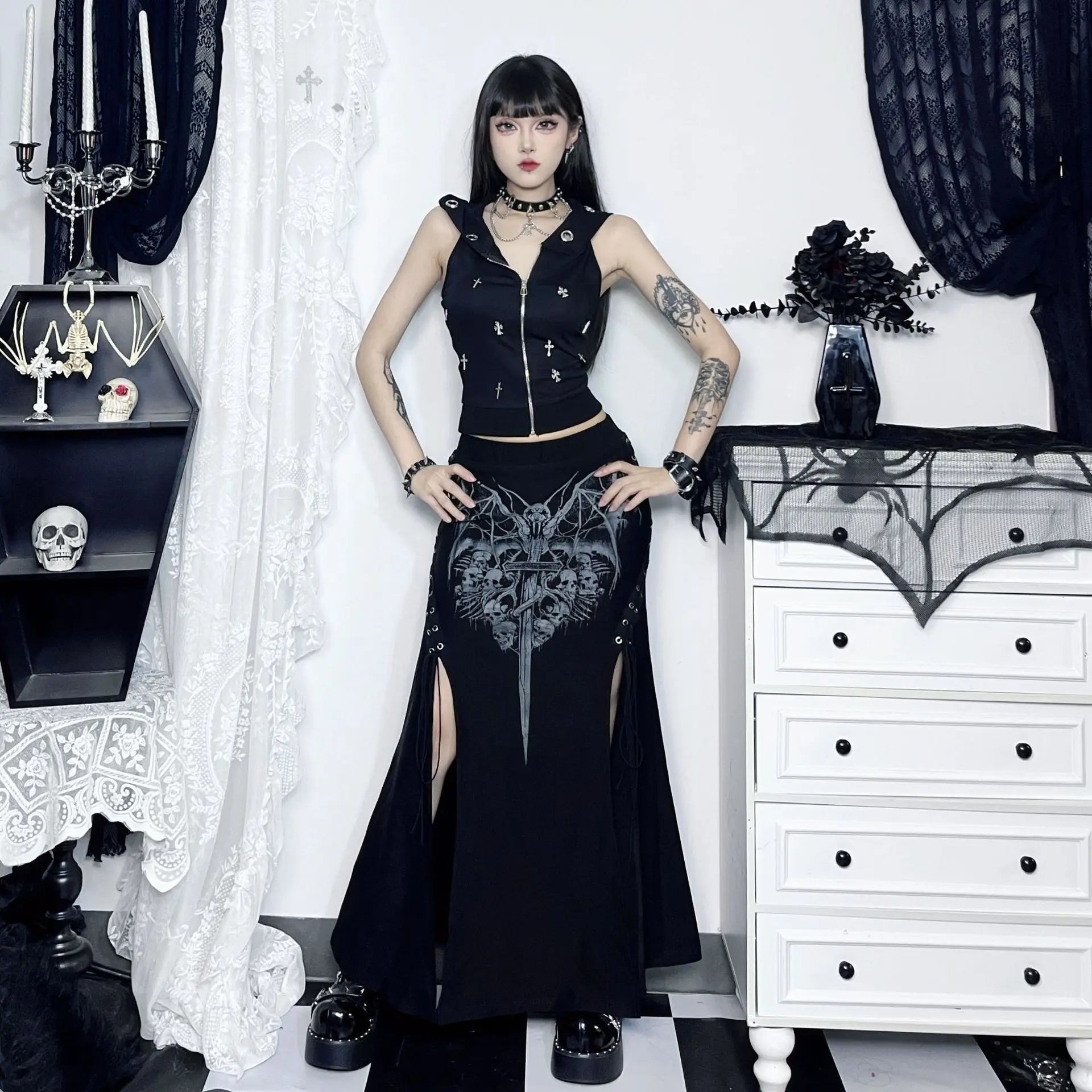 Vintage Print High Waist Mermaid Maxi Gothic Long Gothic Print  High-slit Skirt Main image