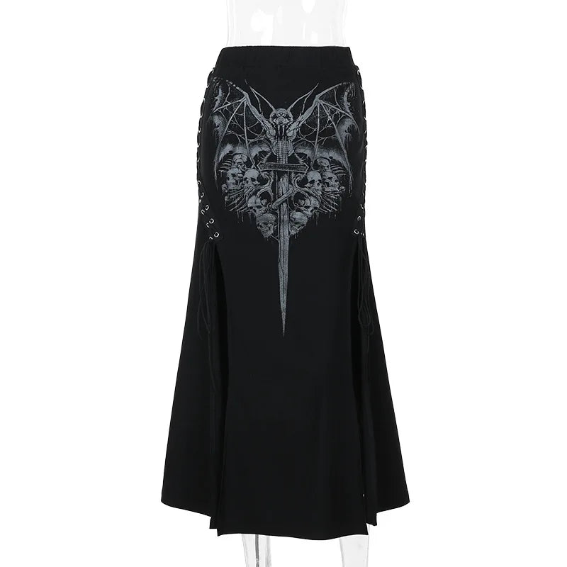 Vintage Print High Waist Mermaid Maxi Gothic Long Gothic Print  High-slit Skirt