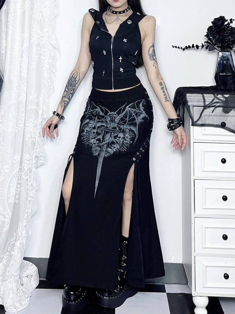 Vintage Print High Waist Mermaid Maxi Gothic Long Gothic Print  High-slit Skirt