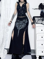 Vintage Print High Waist Mermaid Maxi Gothic Long Gothic Print  High-slit Skirt