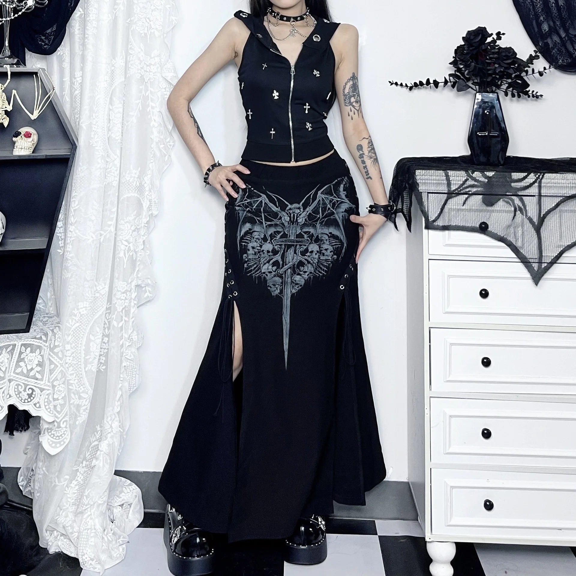 Vintage Print High Waist Mermaid Maxi Gothic Long Gothic Print  High-slit Skirt Secondary image