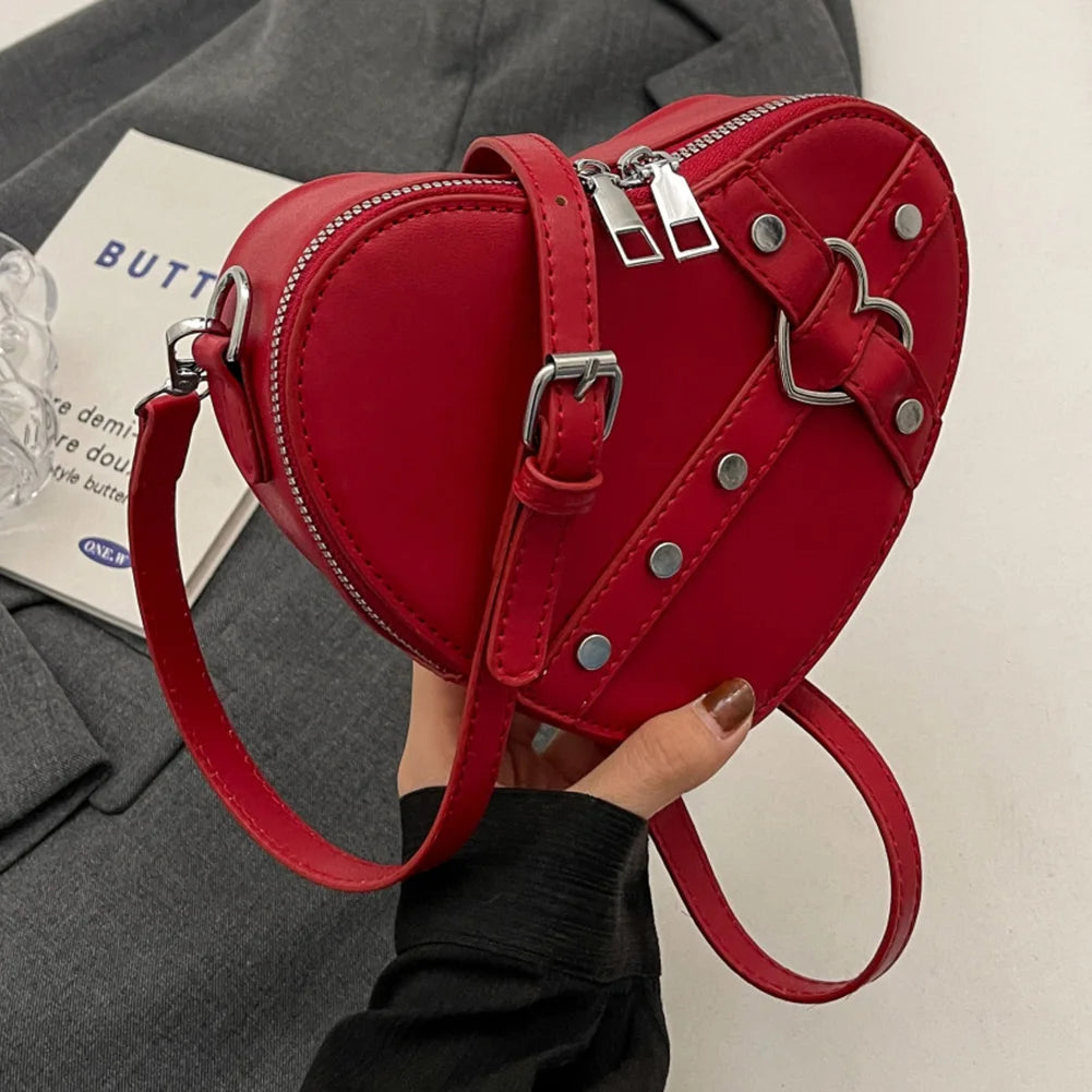 Vintage Y2K Small Chain Rivet Heart Shaped Red PU Leather Bag Main image