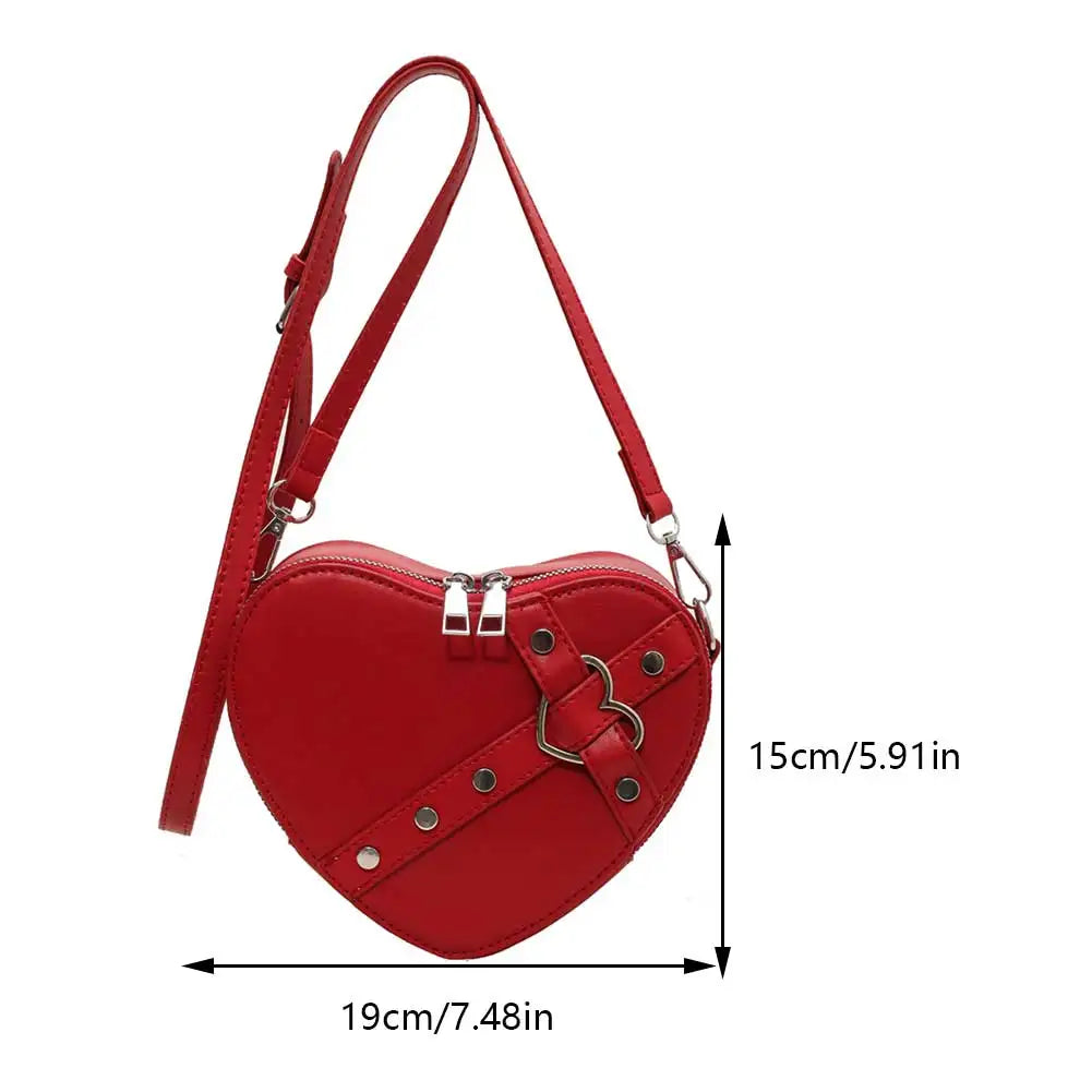 Vintage Y2K Small Chain Rivet Heart Shaped Red PU Leather Bag