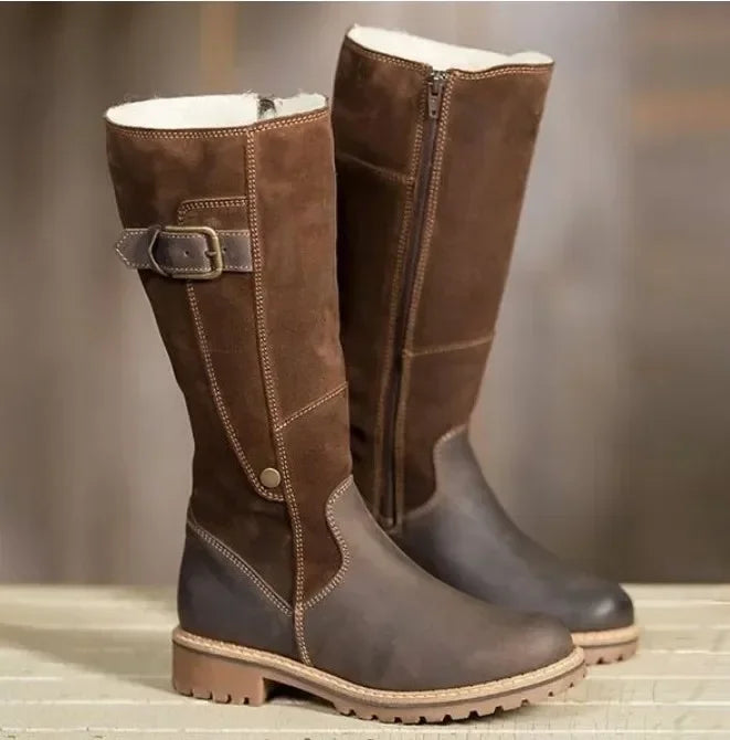 Warm Ladies Snow Leather Winter Flats Plus Size Fur Knee High Boots Main image
