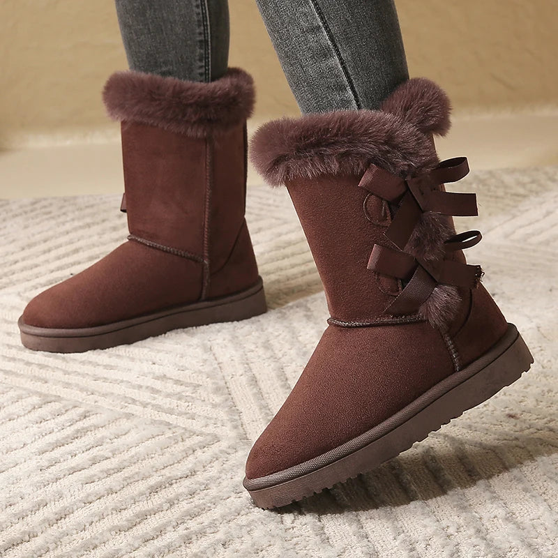 Waterproof Trend Bow Warm Mid-Calf Thicked Plush Non-Slip Snow Boot