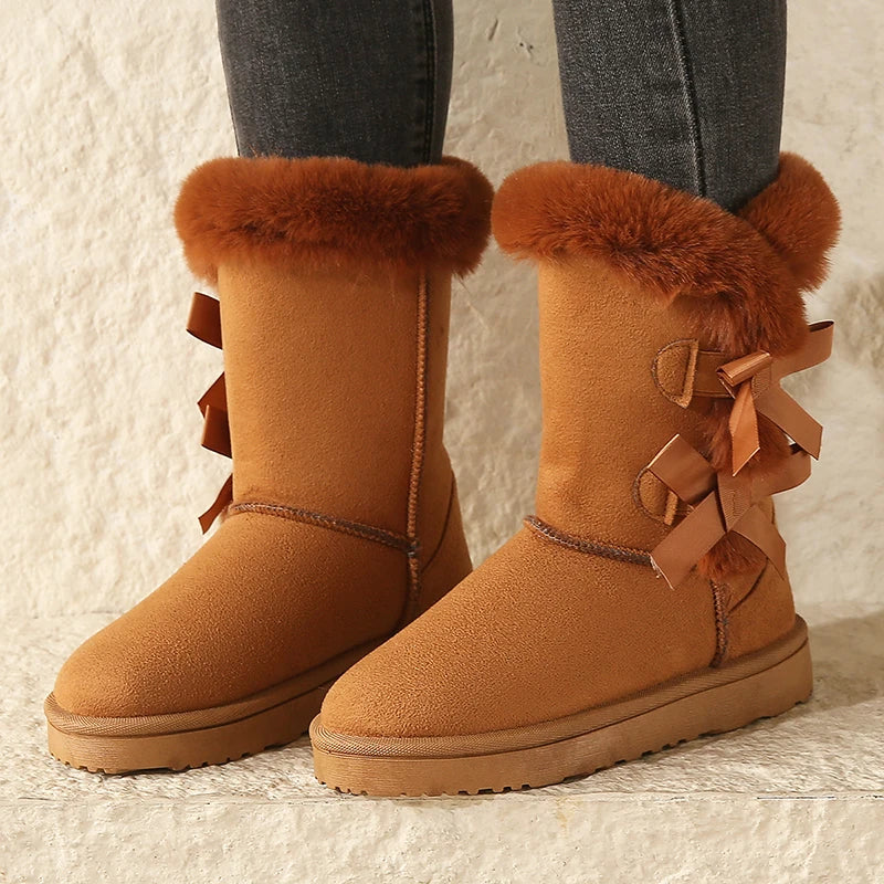 Waterproof Trend Bow Warm Mid-Calf Thicked Plush Non-Slip Snow Boot