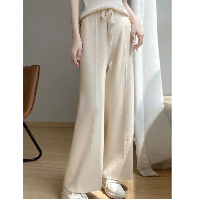 Wide Fashion Leisure Loose High Waist Elastic Solid Knitting Autumn New Pants