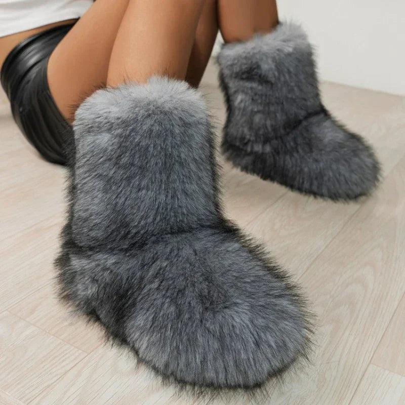 Winter Fuzzy Boots Women Furry Shoes Fluffy Fur Snow Boots Plush Lining Slip-on Rubber Flat Outdoor Bowtie Warm Ladies Footwear Main image