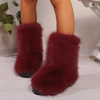 Winter Fuzzy Fluffy Fur Plush Lining Slip-on Rubber Flat Outdoor Bowtie Warm Snow Boot