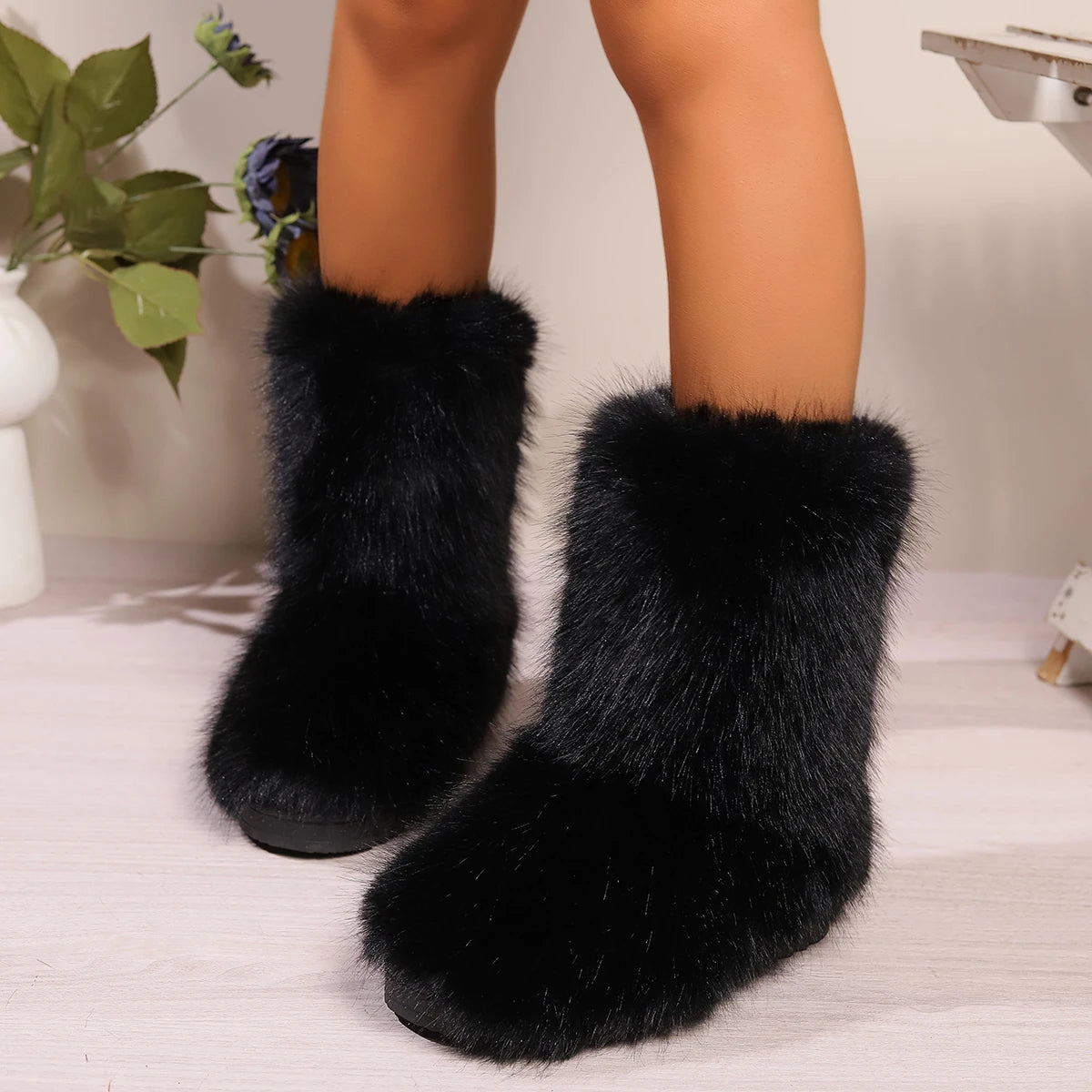 Winter Fuzzy Boots Women Furry Shoes Fluffy Fur Snow Boots Plush lining Slip-on Rubber Flat Outdoor Bowtie Warm Ladies Footwear Secondary image