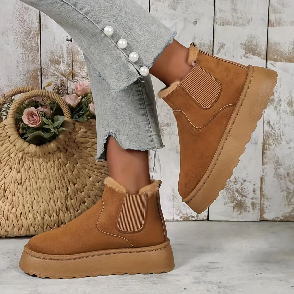 Winter Women Short Plush Warm Snow Boots Casual Shoes  New Suede Fur Chelsea Ankle Boots Flats Platform Ladies Shoes Botas