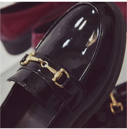 British Style Retro Patent Leather Buckle Fashion Solid Hedging Flats Loafers