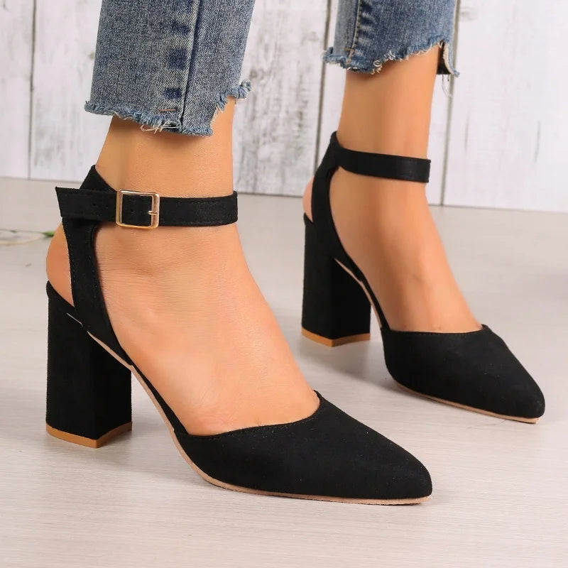 Women's Pointed Toe Highs Trend Summer New Fashion Suede Chunky Shal  Shoes Low Heel Pumps Secondary image