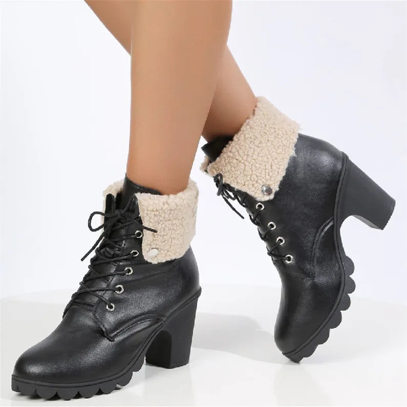 Fashion Solid Platform Chunky Heel Lace Up Classic Snow Boot Main image