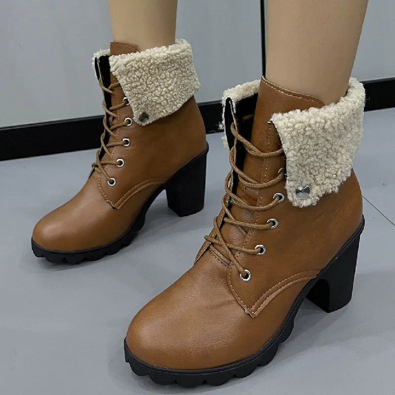 Fashion Solid Platform Chunky Heel Lace Up Classic Snow Boot Secondary image