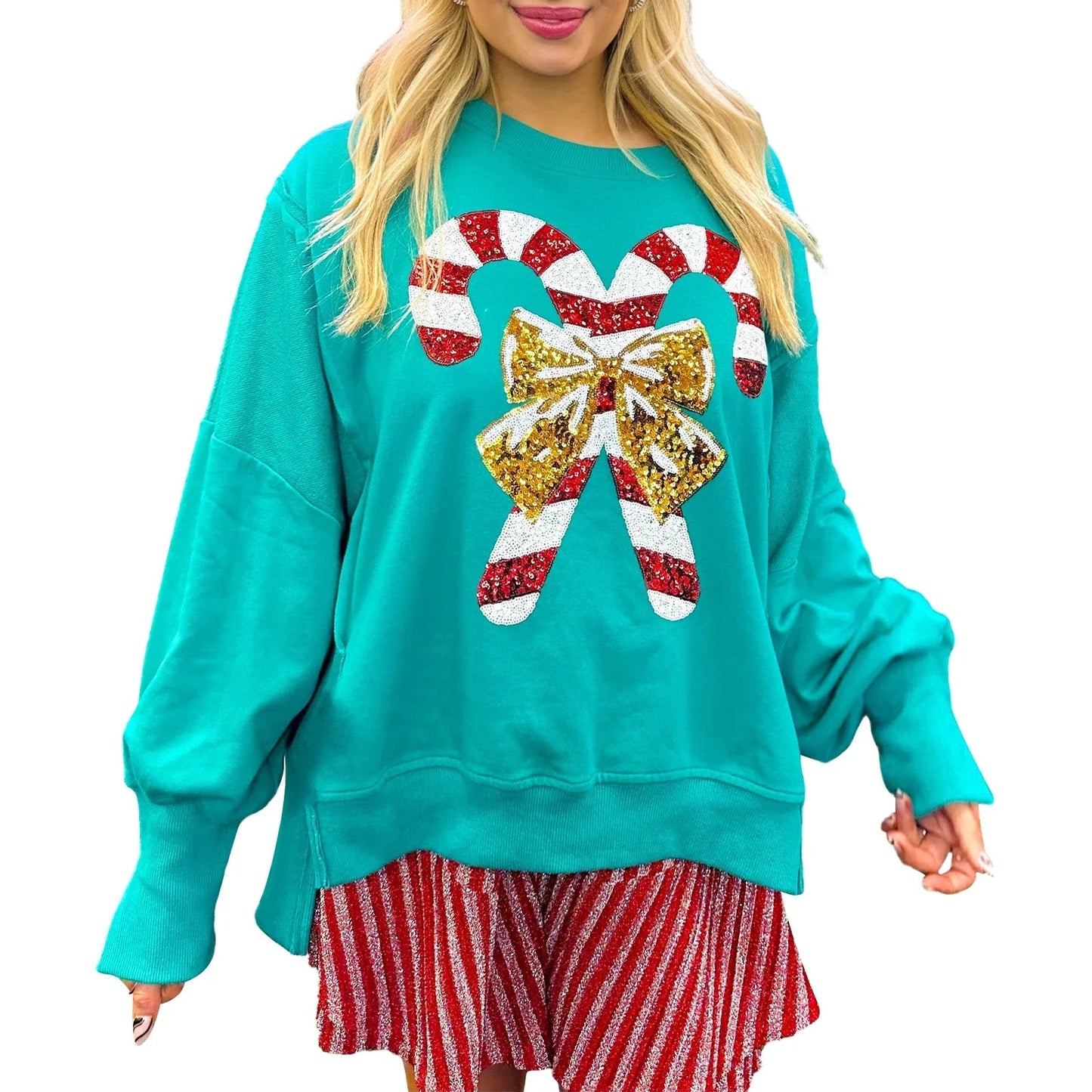 Sequin Candy Cane Oversized Side Slit Sparkly Pullover Hoodie - Christmas Holiday Theme