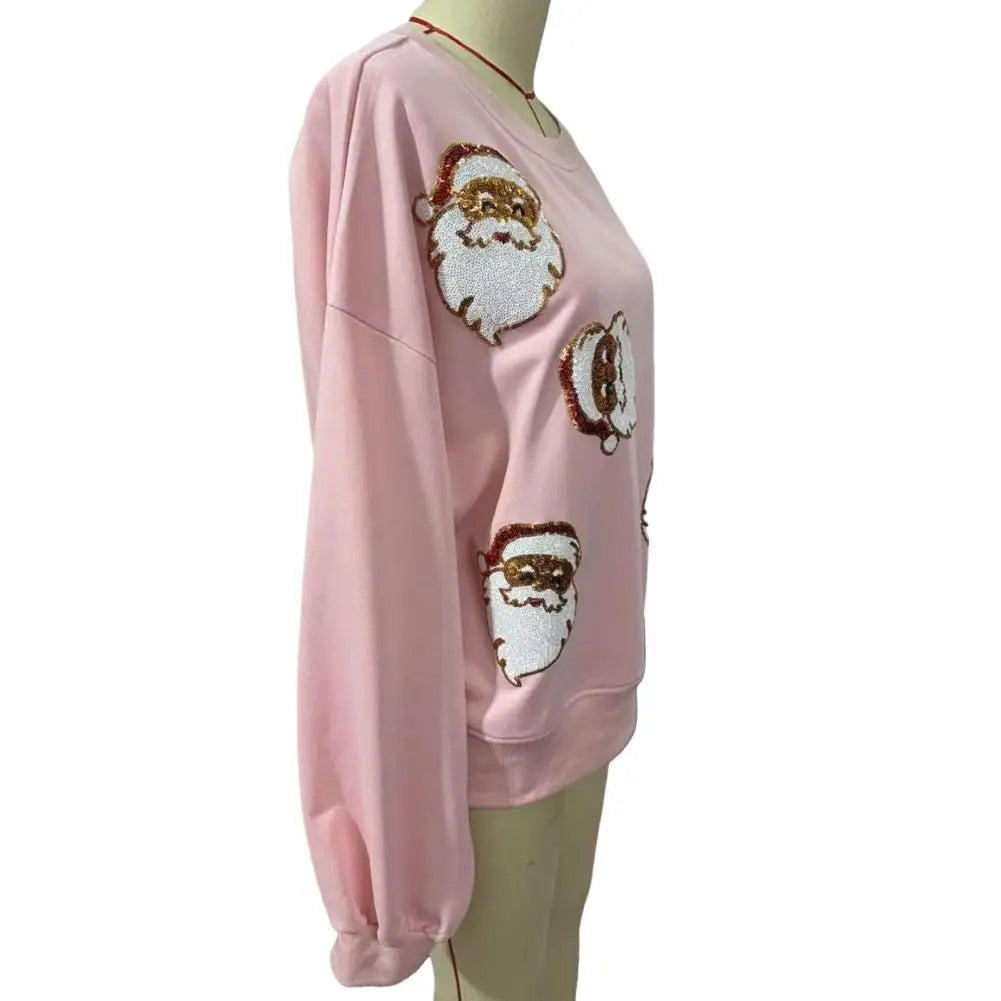 Sequin Santa Pattern Christmas Hoodie with Lantern Sleeves