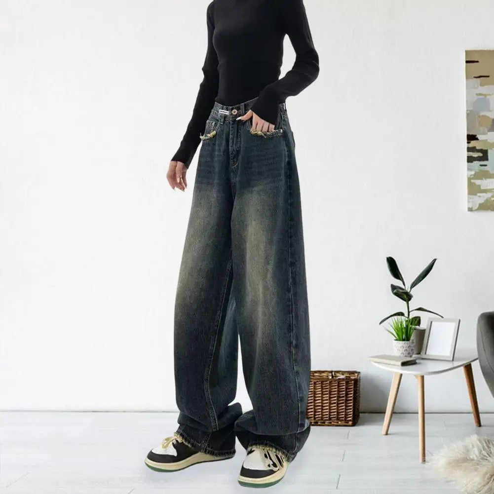 Vintage High Waist Wide Leg Deep Crotch Pockets Floor Length Jeans Main image